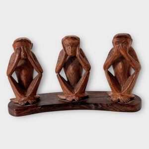 HAND CARVED Wooden See Hear Speak No Evil Monkeys Vintage